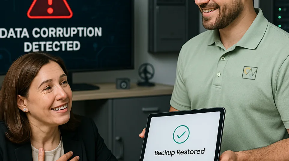 Woman smiles as a man shows backup restoration on a laptop in a tech office setting.